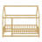 Wooden House Bed Featuring A Roof Frame And Safety Guardrail
