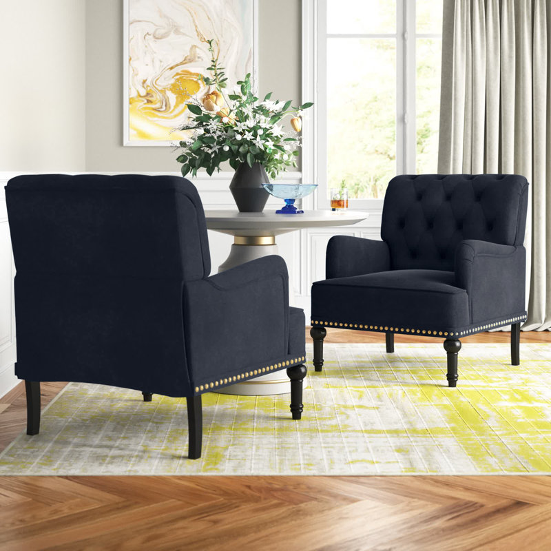Jakub 28.5" W Velvet Upholstered Tufted Armchair with Nailhead Trim , Black Velvet