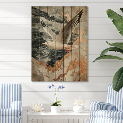 Mouette côtière avec ailes de marbre sur les vagues I - Art mural en bois de mouette - sur bois de pin naturel