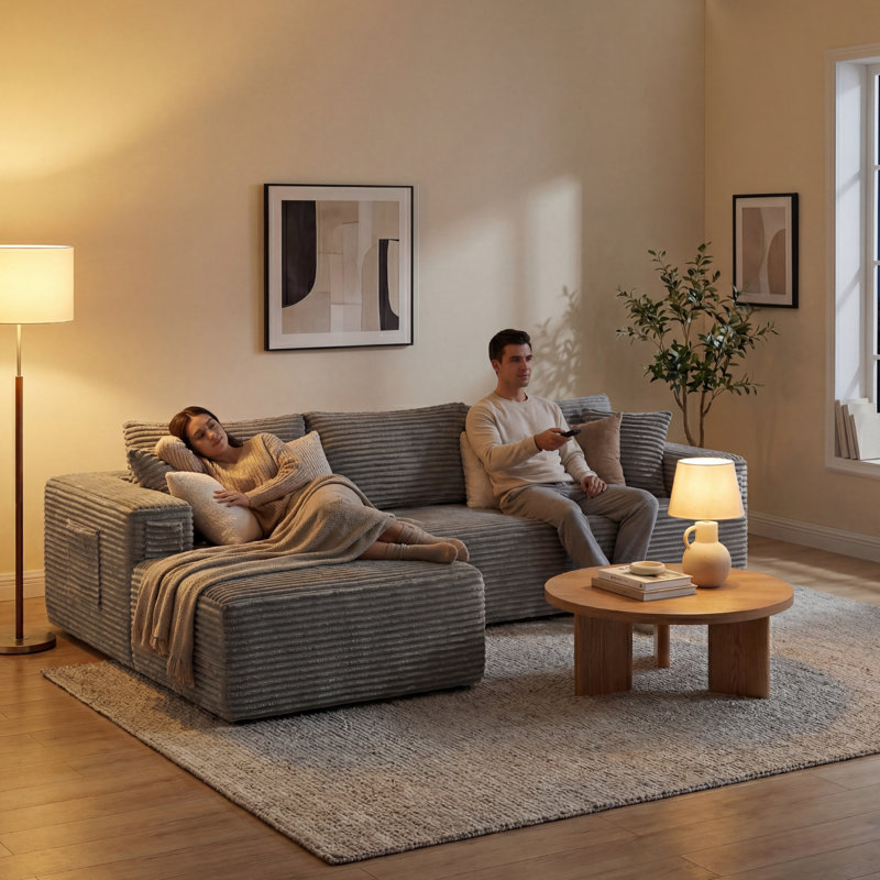 Canapé modulaire à compression en L 108 po avec méridienne profonde rembourrée en velours côtelé 108 po