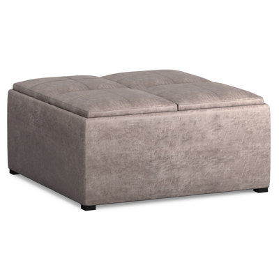 Avalon 35"W Upholstered Distressed Vegan Leather Modern Square Coffee Table Storage Ottoman with 4 Trays