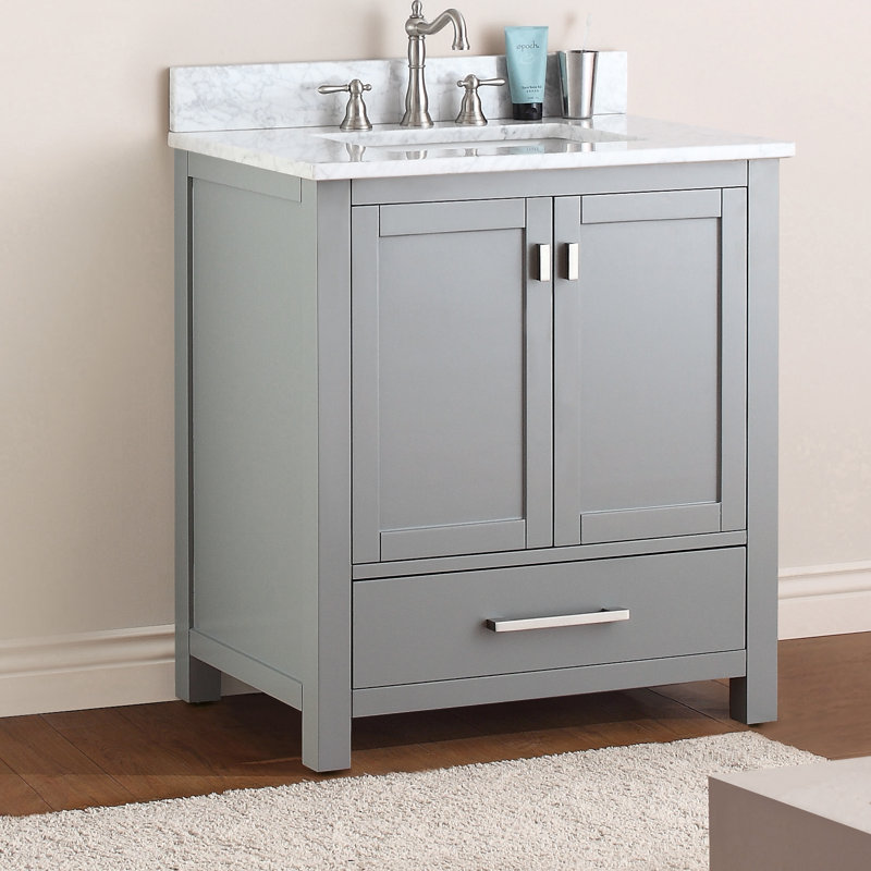 Meuble-lavabo simple 30 po avec plateau Souther, Gris givré, Marbre blanc de Carrare, Nickel brossé