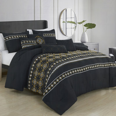 Ensemble d'édredon 7 pièces avec motif brodé, microfibre douce, 100% polyester, collection de literie toutes saisons