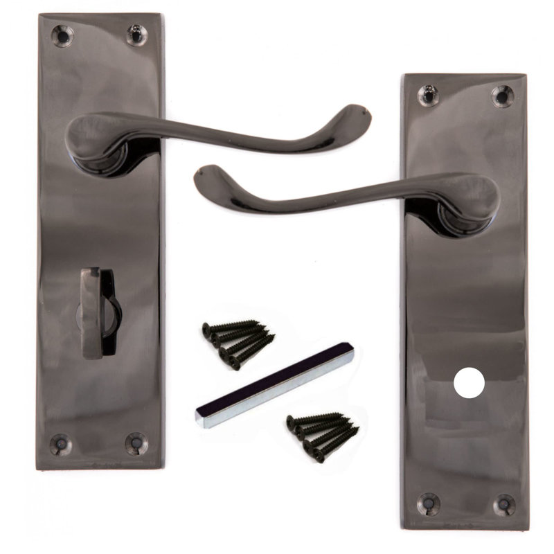 Victorian Scroll Bathroom WC Toilet Door Handles - 150mm x 40mm Backplate, Latch and Installation Hardware