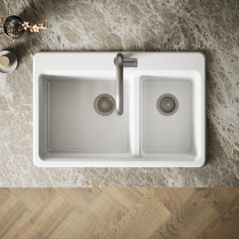 Kohler Riverby 33" x 22" x 9.63" Top-Mount Large/Medium Double-Bowl Kitchen Sink with Accessories and Single Faucet Hole