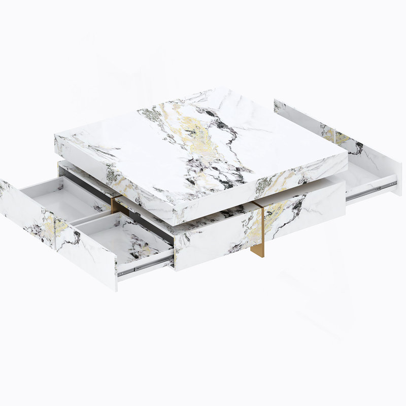 Table basse moderne carrée texturée en marbre avec 4 tiroirs et base suspendue, blanc, 43,3 po