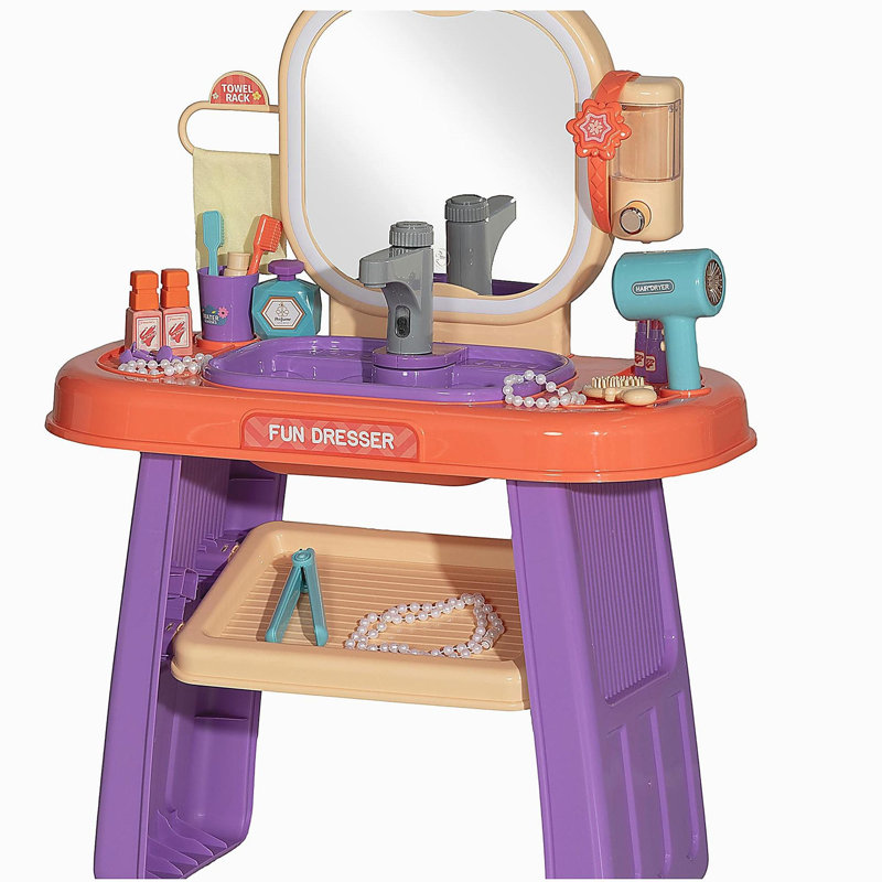 Ensemble de coiffeuse, table de maquillage pour tout-petits avec robinet, miroir, lumière DEL, musique, 23 accessoires, ensemble de jeu pour filles 3-6 ans, mauve
