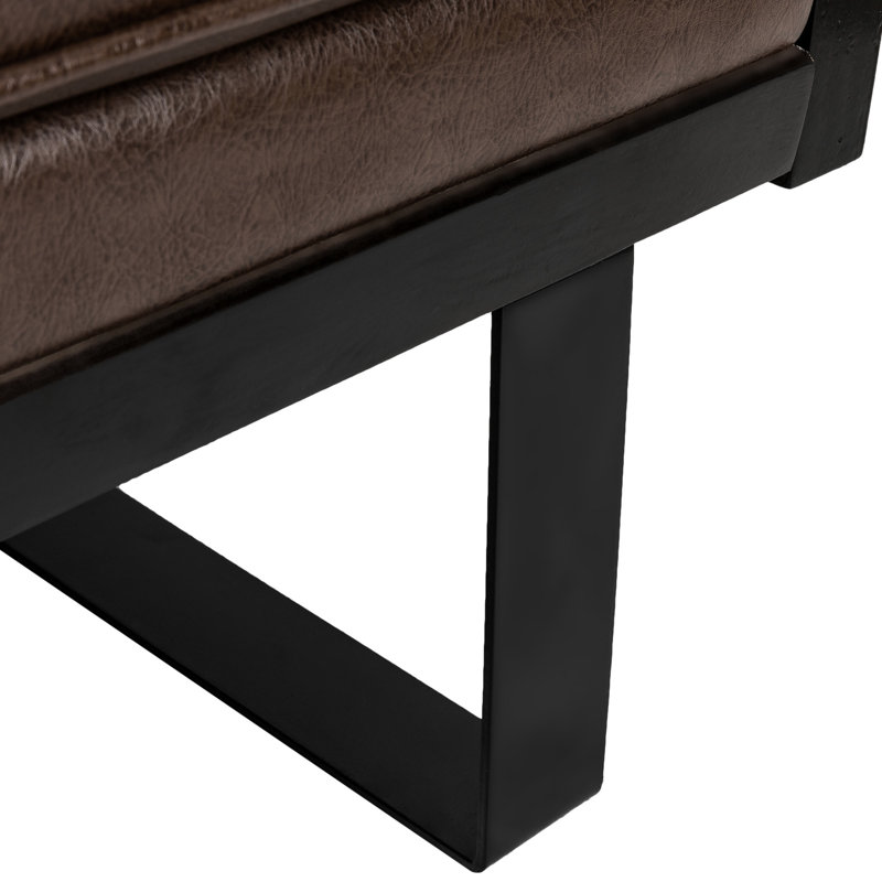 Élégant similicuir brun foncé avec fabrication en bois franc et pieds en fer, coussins décoratifs à boutons pour une base d'ambiance