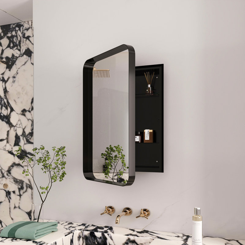 16x24 Inch Recessed Metal Framed Medicine Cabinet with Mirror,Wall Mirror,Bathroom Mirror, Matte Black