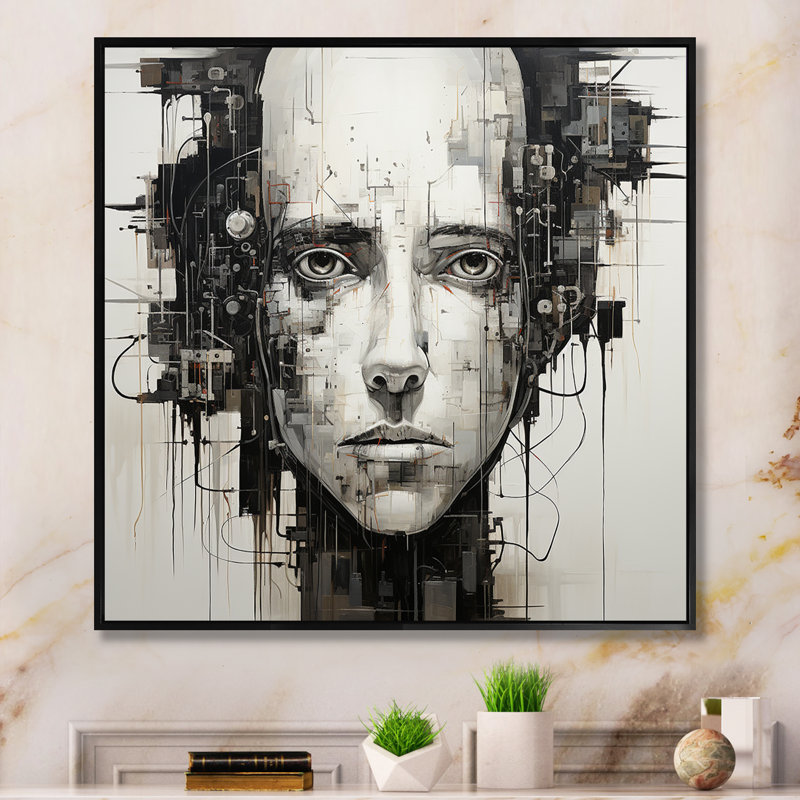" Robotic Minimalism Portrait II ", 30" H x 30" W x 1" D, Black Floater Framed