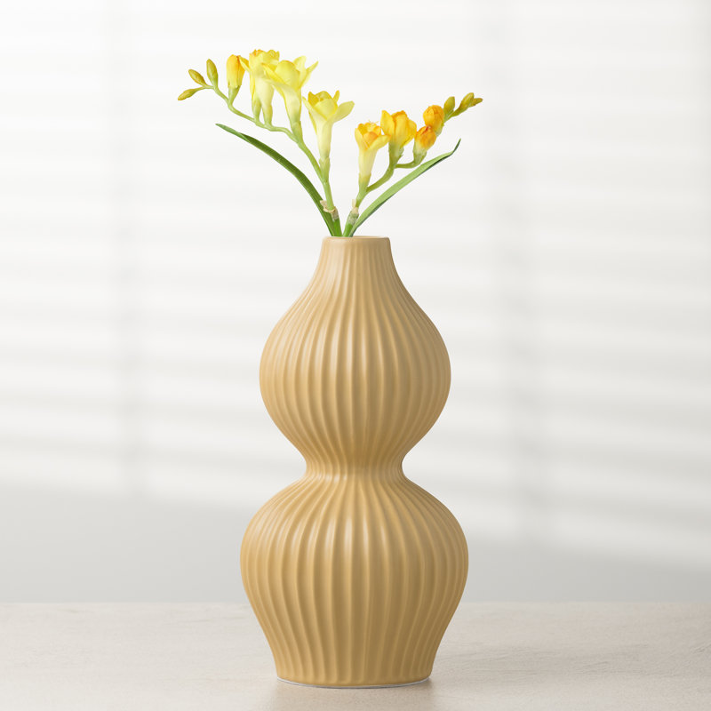 Liubomila Ribbed 10" Yellow Ceramic Table Vase, 10" H x 5.25" W x 5.25" D, Yellow