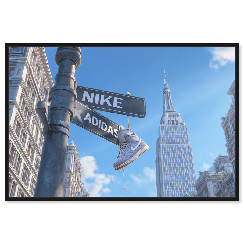 «Sneaker Hanging Crossroad», reproduction d'art sur toile encadrée par Art Remedy, cadre noir, 54 x 36, H 37 po x l 55 po