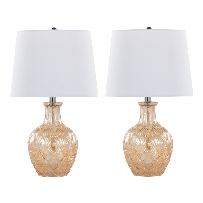 Ensemble de 2 lampes décoratives 20 ", verre lustré champagne transparent avec abat-jour chrome et lin blanc