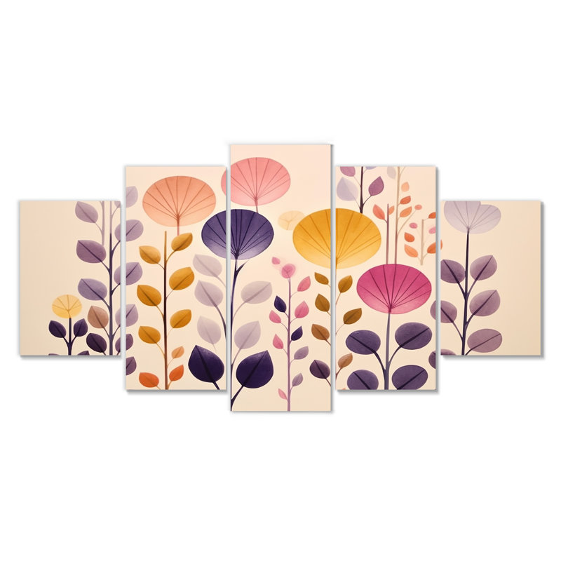 "Floral Landscape", jaune, mauve, art mural pour salon, 5 pièces, H 32 po x l 60 po