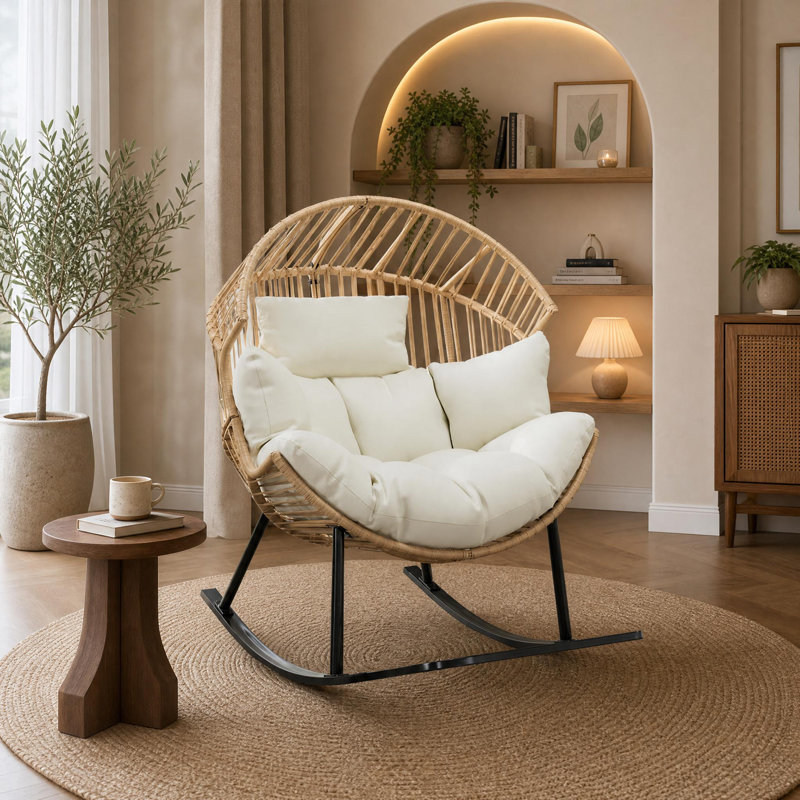 Fauteuil à bascule surdimensionné en osier avec coussin extra-doux et coussin épais