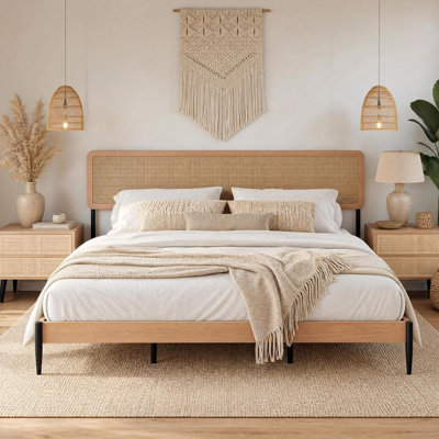 Boho Platform Bed Frame with Natural Woven Rattan Headboard, Heavy Duty Slats, No Box Spring, Under Bed Storage