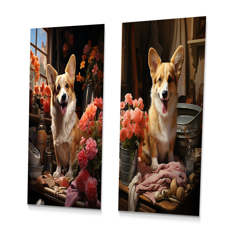 Flower Corgis Laundry Day - animaux chien, ensemble de 2 reproductions d'art mural en métal, H 28 po x l 24 po