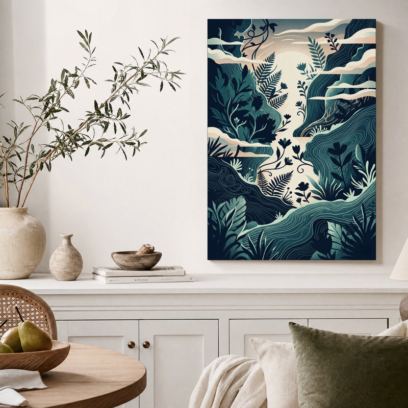Toile murale à motifs de fougères et de feuilles superposées bleu sarcelle foncé, H 40 po x l 28 po