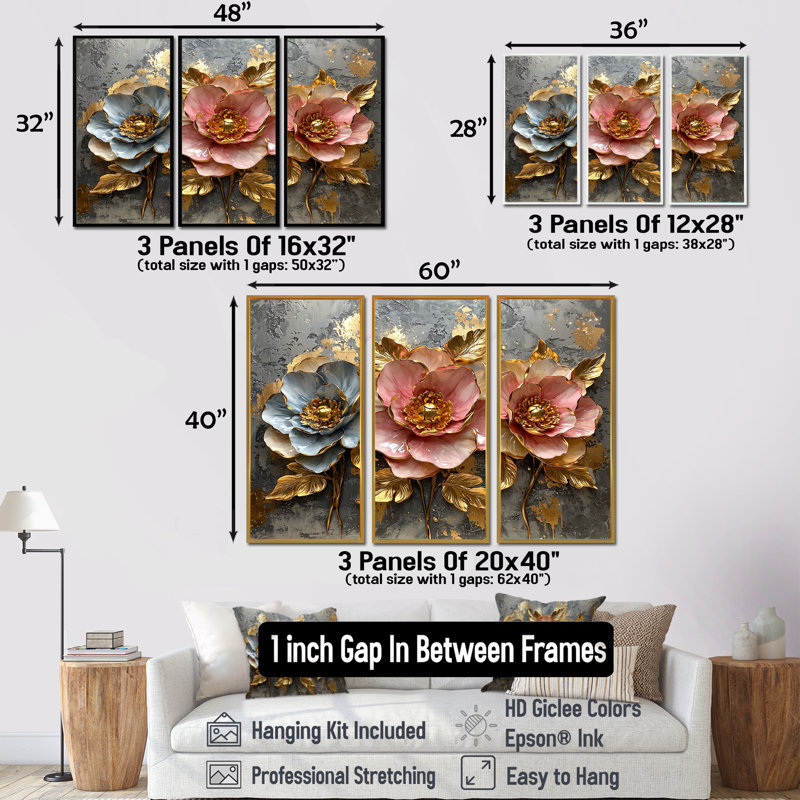 Or, marbre, rose, pivoine dorée - ensemble de reproductions d'art mural pivoines, Toile avec cadre flottant brun