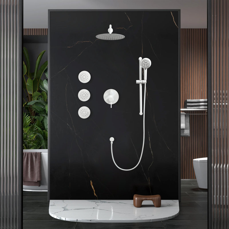 Shower System With 3 Body Jets,12 Inch Wall Mounted Round Rainfall Shower Set Rain Shower Head And Handheld Spray, White