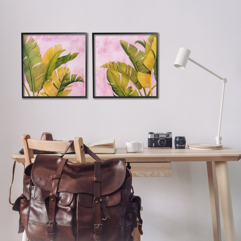 «Pink & Palms Leaves», ensemble de 2 giclées par Grace Popp, H 17 po x l 17 po, Giclée encadrée noir minuit