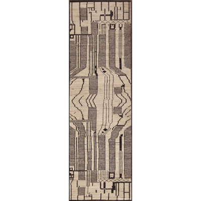 Tapis de couloir contemporain contemporain à motif géométrique de couleur brune / crème One-of-a-Kind
