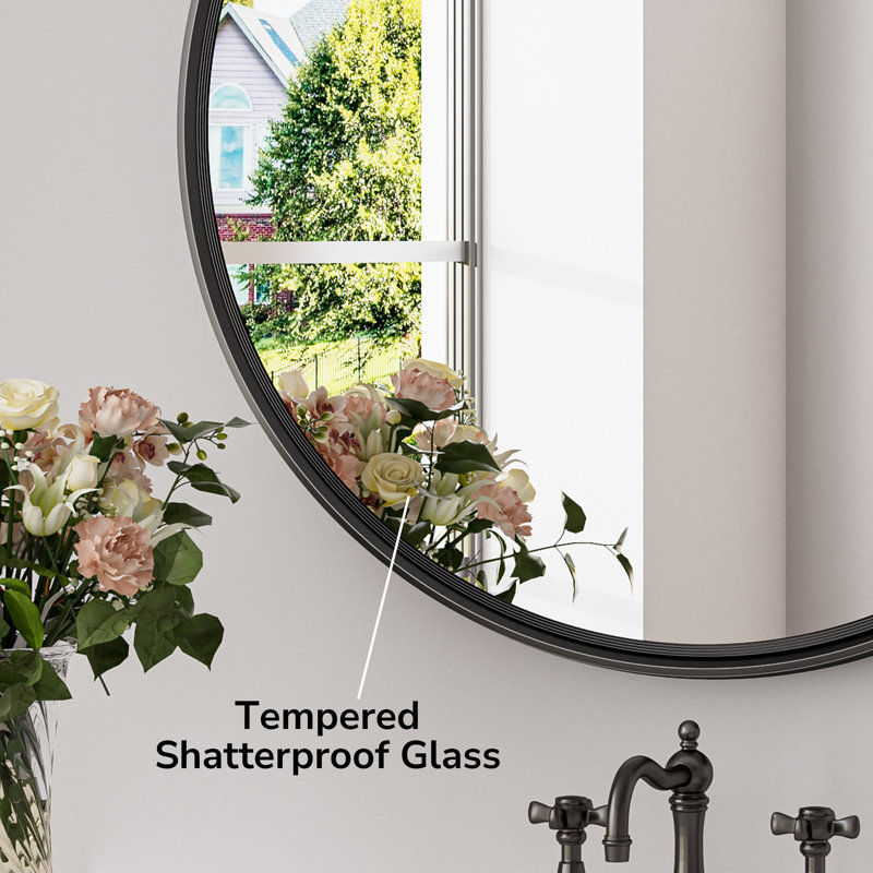 Evangelista Aluminum Alloy Framed Tempered Glass Round Wall Mirror, 32" x 32", Matte Black