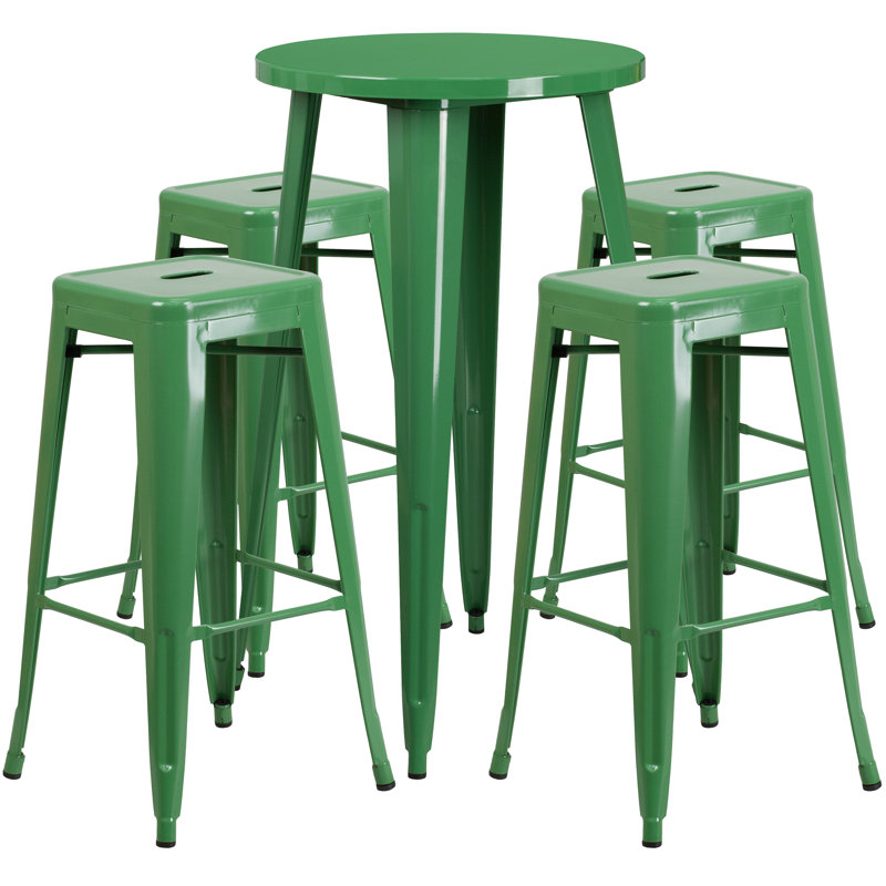 Colbert 30'' Round Metal Indoor-Outdoor Bar Table Set with 4 Square Seat Backless Stools, Green, 41" H x 30" W x 30" L