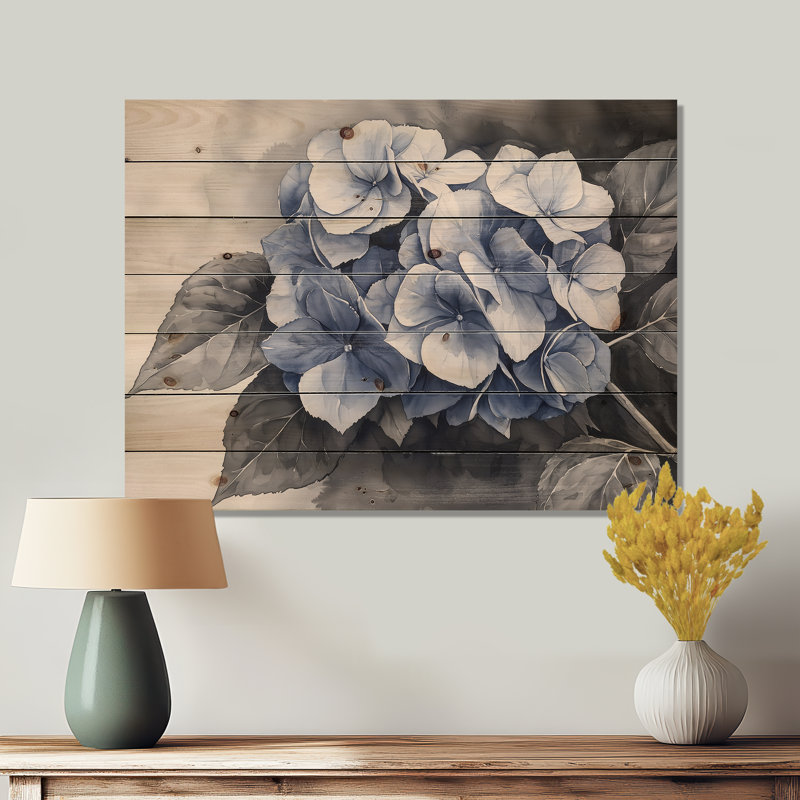 Pleins feux sur le pétale bleu, fleur d'hortensia - Art mural en bois d'hortensia - sur bois de pin naturel