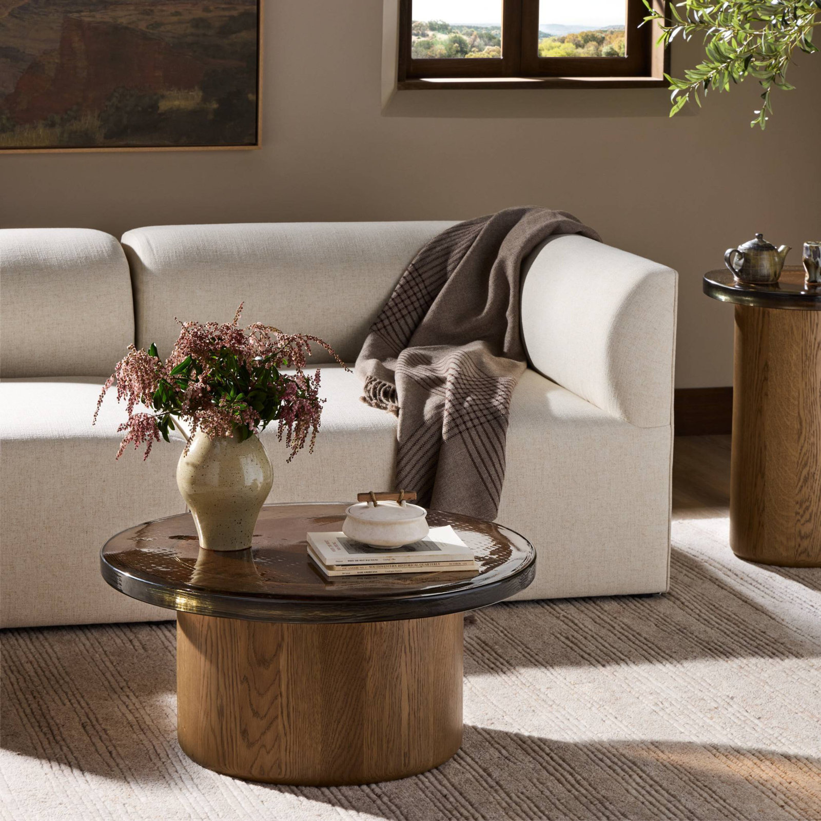 Jumelle 30" Glass Oak Coffee Table, Smoked Brown Cast Glass