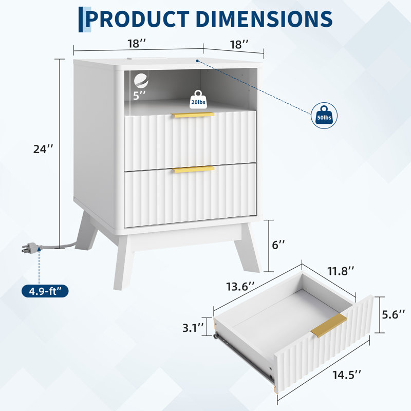 Table de chevet festonnée avec station de charge 2 ports USB et 2 prises CA, Blanc