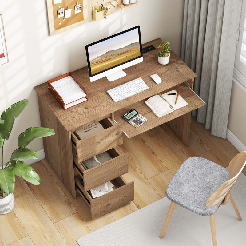 Computer Desk With Power Outlet Keyboard Tray & 3 Large Drawers Type-c & Usb Ports, Brown