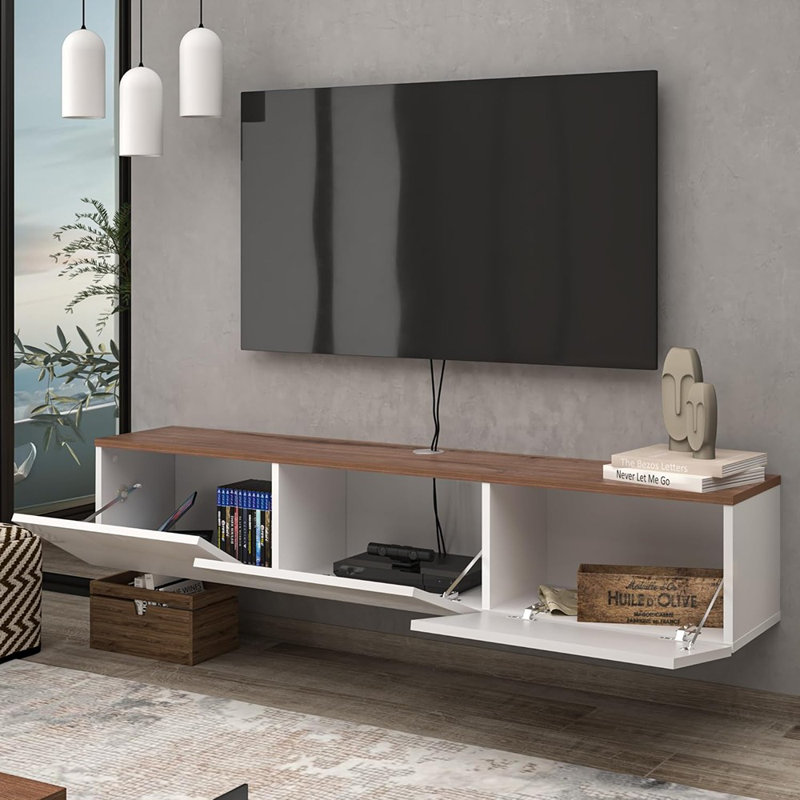 Meuble télé mural blanc brillant, meuble audio-vidéo avec design flottant