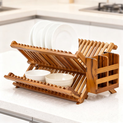 Égouttoir à vaisselle en teck avec tapis de drainage et ensemble de brosses, organisateur de comptoir de cuisine compact pour assiettes et ustensiles, fabrication en bois durable pour un drainage et une hygiène rapides