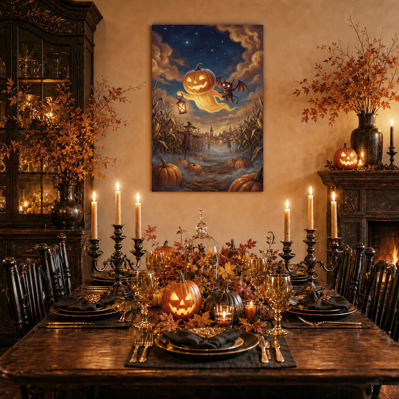 Tableau sur toile d'Halloween représentant une citrouille lumineuse, un fantôme et une chauve-souris au-dessus d'un champ de maïs