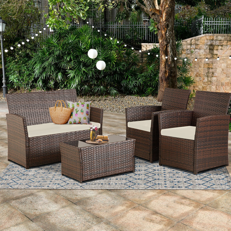 All-Weather 4-Piece PE Wicker Patio Conversation Furniture Set with Cushions, Brown, Beige