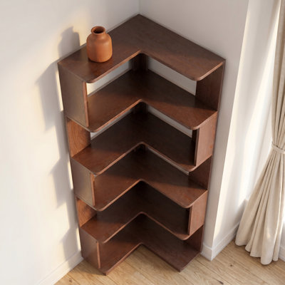 Bibliothèque d'angle en L à 6 niveaux Arvessa – Rouge foncé, 164 cm de hauteur, panneaux antichute et dispositif anti-basculement – ​​Bibliothèque autoportante en bois pour salon, chambre ou bureau – Meuble d'angle gain de place