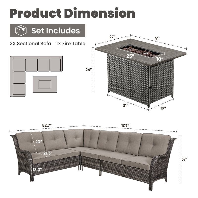 Ensemble de conversation modulaire en osier avec foyer extérieur et coussins Dahlyla pour 6 personnes, Gris, Gris