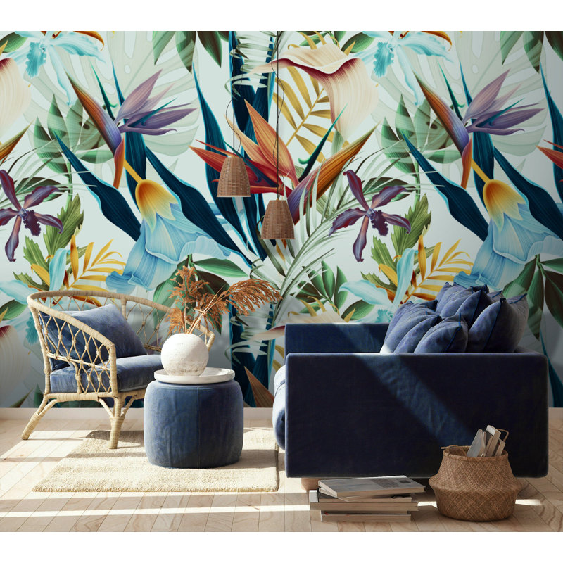Papier peint amovible avec feuilles tropicales exotiques, L 75 po x l 112 po