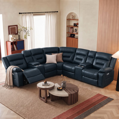 Modular Leather Power Reclining Sectional Sofa with 2 Power Recliners Storage Console Cup Holders Built‑in USB and USB‑C ports