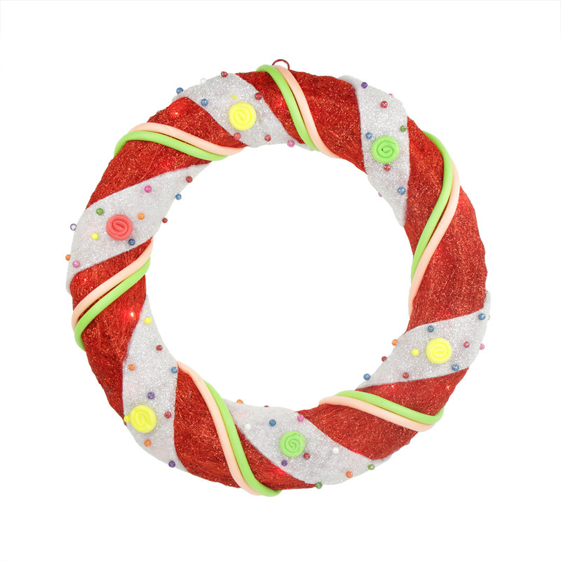 Couronne de Noël artificielle pré-éclairée en sisal rayé - lumières claires, Rouge et blanc
