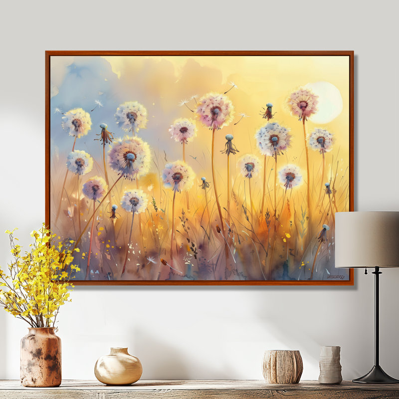 «Yellow Pink Spring Symphony Dandelion - Pissenlit», reproduction d'art mural, Cadre flottant brun, H 16 po x l 32 po