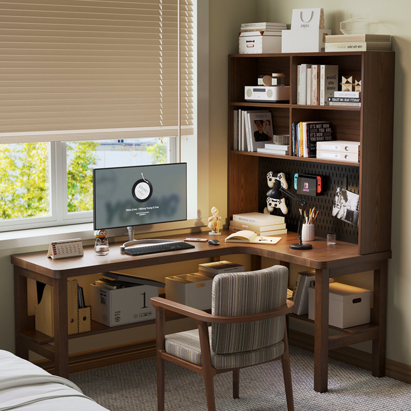 Bureau en L en bois massif avec bibliothèque intégrée, H 72,83 po x l 55,12 po x P 47,24 po