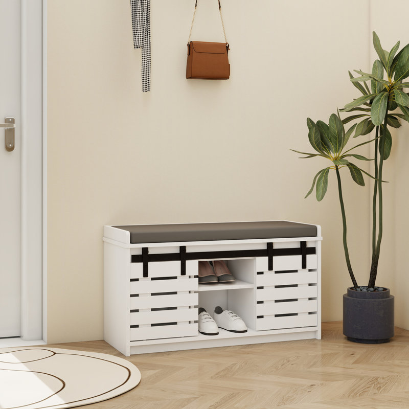 Modern Shoe Storage Bench, 2-Tier Entryway Bench With 2 Sliding Barn Doors & Full Soft Removable Seat Cushion For Entryway, Hallway, Bedroom-White