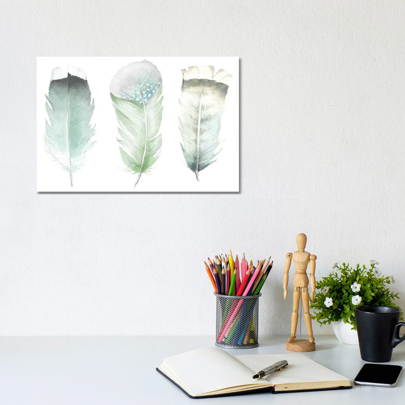 Green Feathers by Wandering Laur - Wrapped Canvas Painting, 20.32 cm H x 30.48 cm W