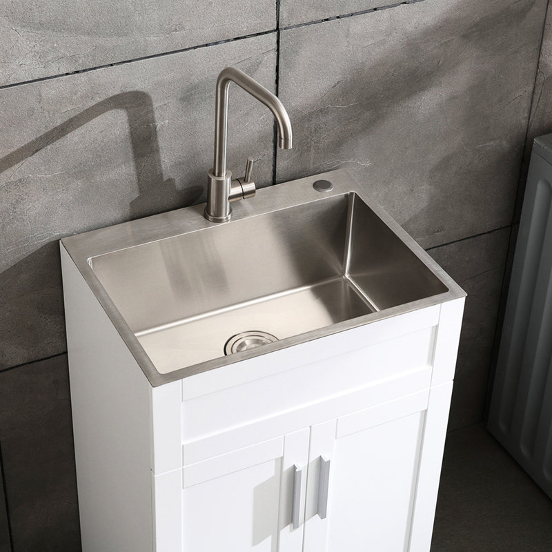 24In Silver Brushed Sink With Strong Stainless Steel Faucet And Drain Head For Laundry Use - 1.5Gpm