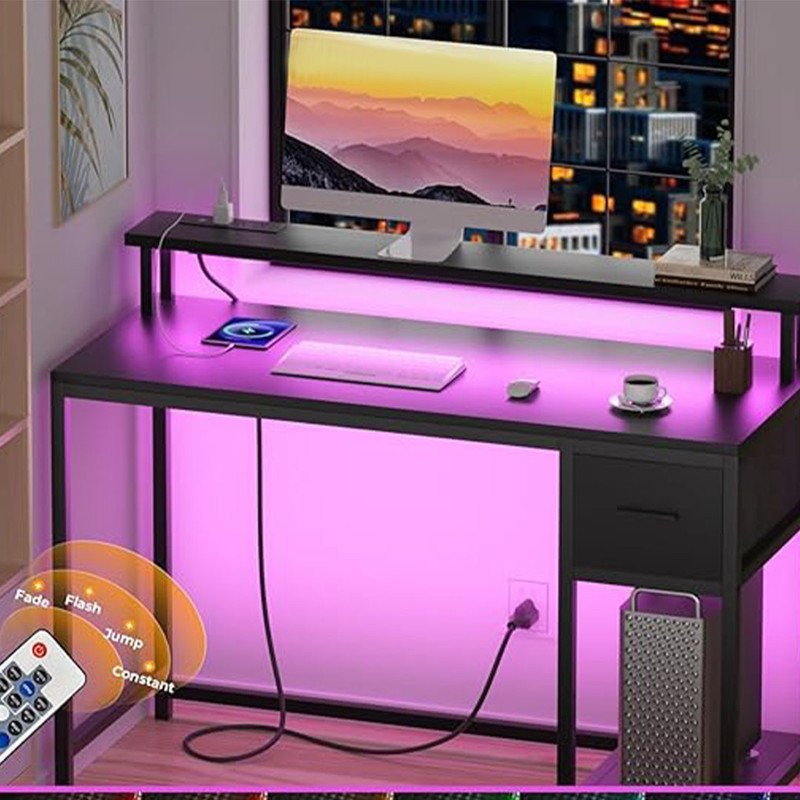 Gaming Desk 47 Inch with LED Lights and Monitor Stand for Small Spaces, Office Desk with Power Outlets, Black