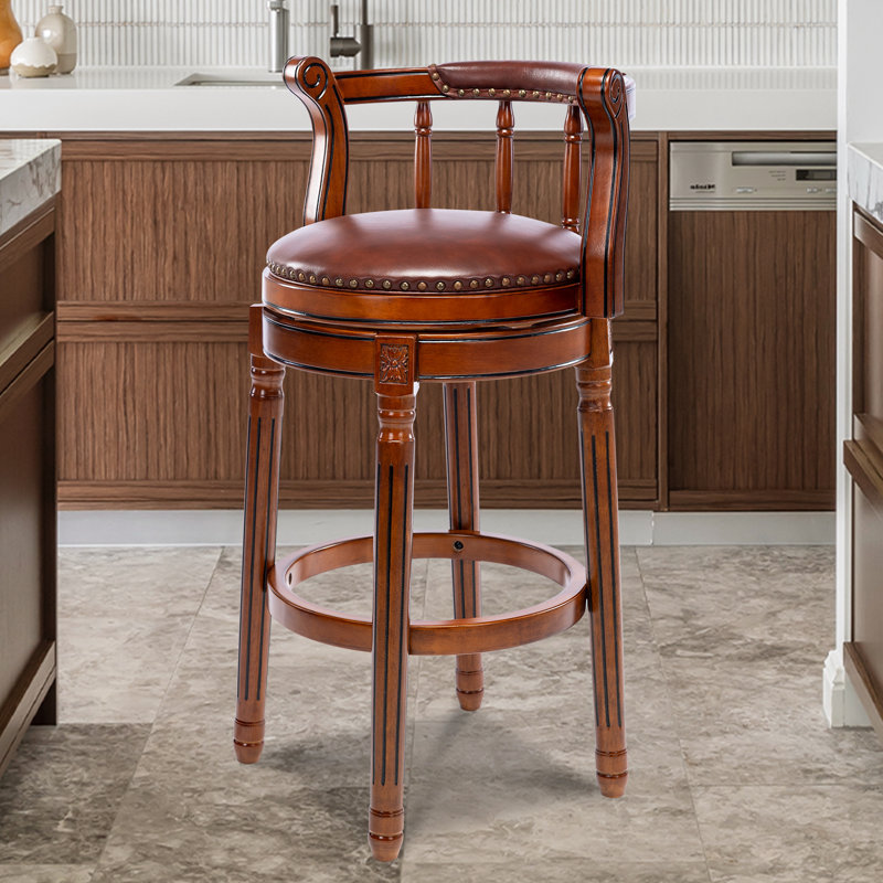 Swivel Bar Stool with Top-Grain Leather Seat, Hollow Back Design, Solid Wood Frame & Footrest for Kitchen, Dining, or Living Room