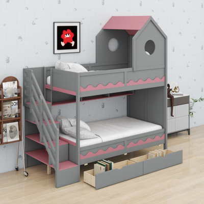 Lit mezzanine pour enfants avec enceinte en forme de maison, tiroir, accès d'escalier et DEL intégrée