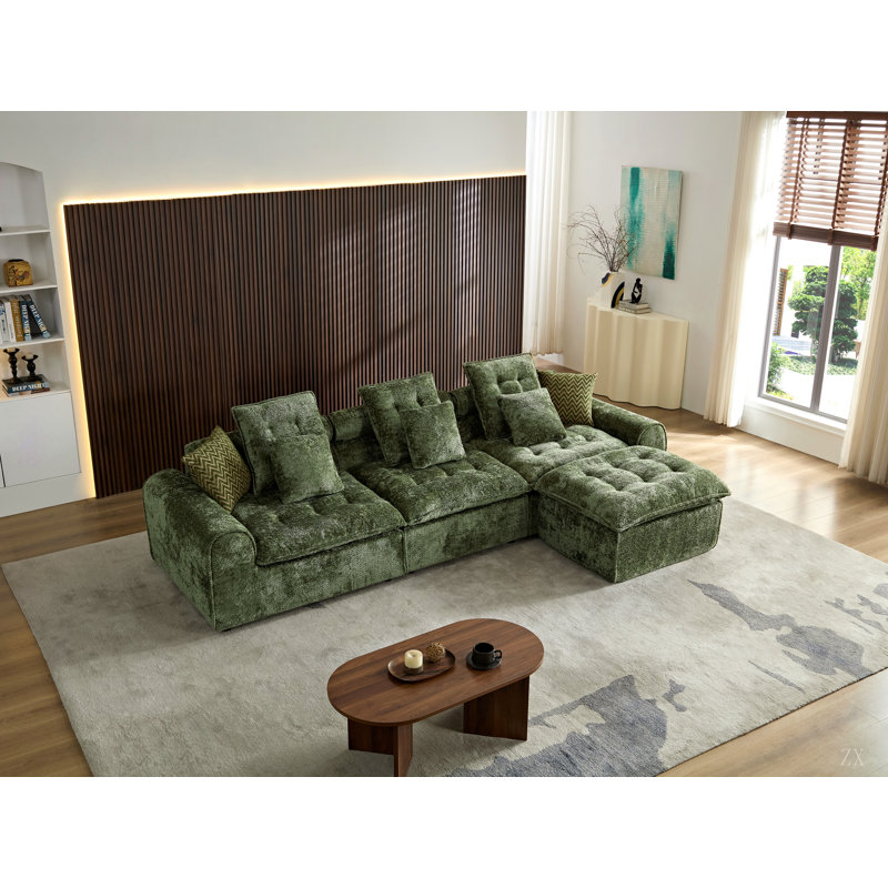 Upholstered Boucle L-Shaped Sectional, Boucle verte, 30.3" H x 129.8" W x 72.4" D, Green